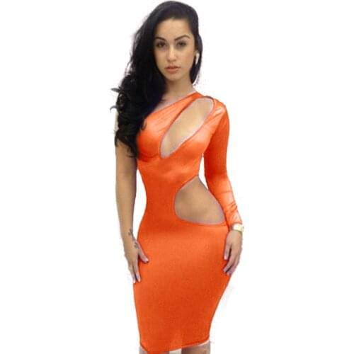 Women Neon Color Black Green Purple Orange Yellow One Shoulder Long Sleeve Bodycon Dress Cut Out Hollow Clubwear Dress W203159