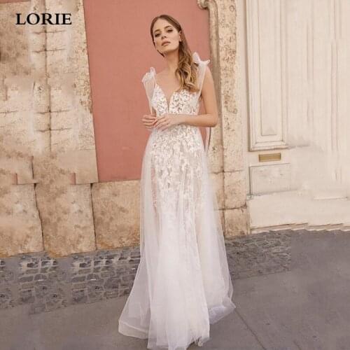 LORIE Spaghetti Strap Lace Wedding Dress 2020 Sexy V Neck Appliqued Boho Bridal Gowns Long Vestido de novia