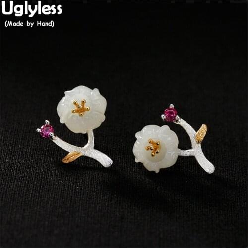 Uglyless 100% Real 925 Sterling Silver Handmade Plum Blossom Earrings Nature Jade Gemstone Flower Fine Jewelry for Women Brincos
