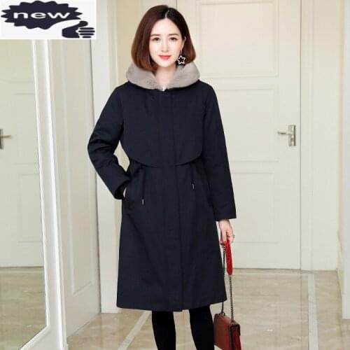 Winter Real Mink Collar Cotton Coat Women Rabbit Fur Liner Detachable Hooded Overcoat Luxury Warm Office Lady Parka Jacket
