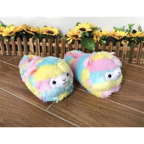 Winter Unisex Cartoon Grass Mud Horse Slippers Home Use Slides Womens Warm Indoor Sneakers Rainbow Stripes Plush Cotton Shoes