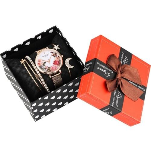 6pc/Set Watch Bracelet Sets Womens Flower Print Diamond Dial Quartz Beauty Watches Multilayer Heat Star Charming Bangle Gifts