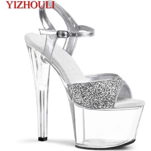 7 inch stiletto with open toes, summer womens 17 cm stiletto sandals, silver sequined vamp stage party sandals