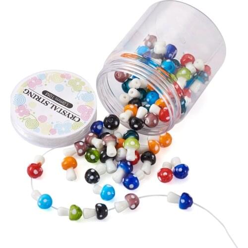 80pcs Handmade Lampwork Glass Mushroom Loose Beads with Elastic Crystal Thread for Bracelets Necklaces Earrings Jewelry Making