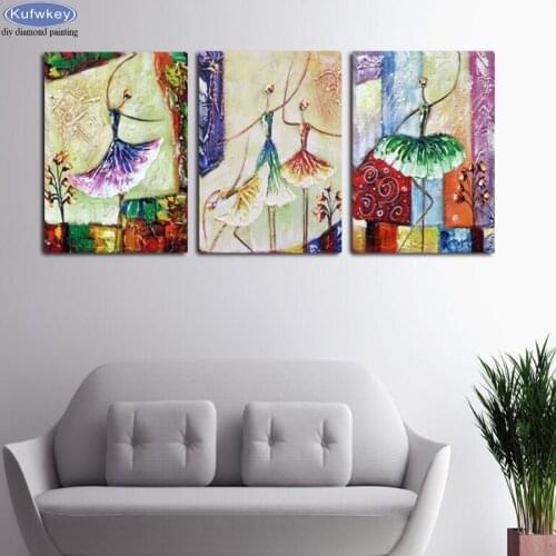 Free Shipping 5d diy diamond embroidery triptych abstract ballet dancer Canvas Painting Rhinestone Decoration 3d diamond Picture