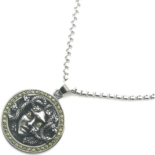 Unisex 316L Stainless Steel Medusa Green Stone Pendant Chain