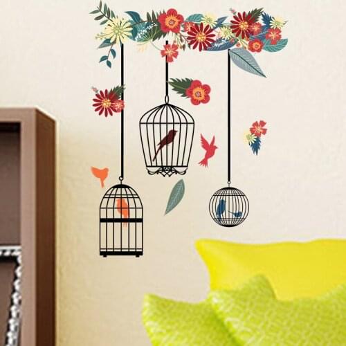 1 Pc Colorful Flower Birdcage Wall Stickers for Living Room Bedroom Wall Decals Large Murals Art PVC Home Decoration
