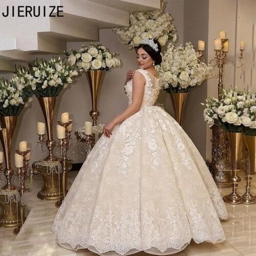 JIERUIZE Luxury Ball Gown Wedding Dresses V Neck 3D Floral Appliqued Lace Up Back Princess Wedding Bridal Gowns robe de mariee