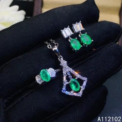 KJJEAXCMY fine Jewelry 925 sterling silver inlaid natural Emerald girl luxury pendant ring earring set support test hot selling