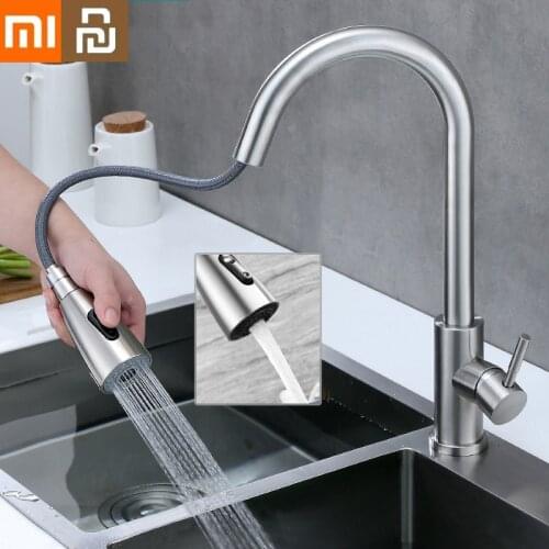 Xiaomi Youpin Kitchen Faucet 304 Stainless Steel Pull-out Double Outlet Hot and Cold Sink Faucet Swivel 360 Water Mixer Tap