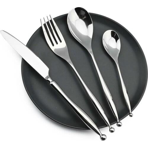 4Pcs Round Bead Tail Dinnerware Set 304 Stainless Steel Silverware Set Silver Tableware Set Kitchen Cutlery Set Knife Fork Spoon