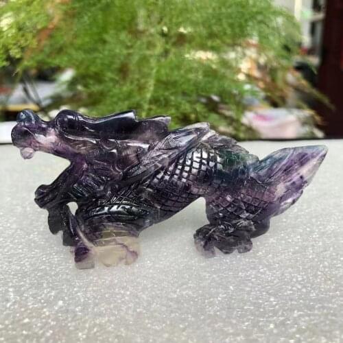 Natural Fluorite Crystal Quartz Carved Dargon Small Statue Cute Stone Crafts Reiki Healing Decorative Figurine