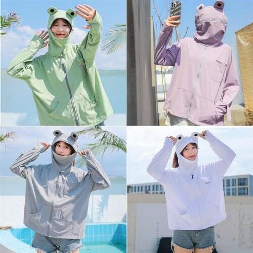 Fishing Clothes Couple Frog-Shaped Ice Silk Sunscreen Clothing Unisex Long Sleeve Hooded Cardigan Jacket For Outdoor Hiking