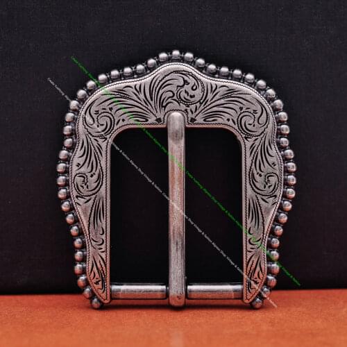 Antique Silver Solid Western Cowboy Bead Side artistal Flower Engraved 2pc Set Pin Leather Belt Buckle Replacement fit 30 mm