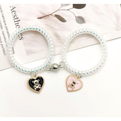 QiLuxy 2Pcs/set Cartoon Heart Charm Elastic Chain Adjustable Magnet Attracts Each Other Couple Friendship Bracelets Jewelry Gift