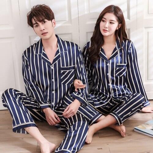 SLPBELY Silk Couple Pajamas Set Spring Casual Striped Women and Men Homesuit Long Sleeve 2PCS Lovers Pyjamas Homewear Sleepwear