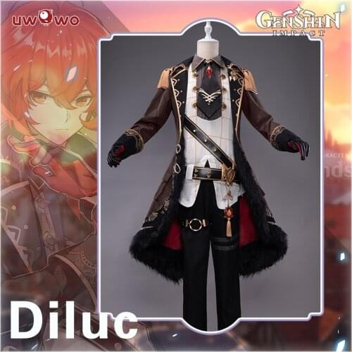 PRE-SALE UWOWO Game Genshin Impact Cosplay Diluc The Dark Side of Dawn Cosplay Costume Darknight Hero Handsome Nobiliary Uniform