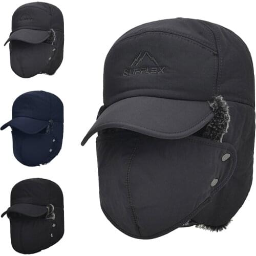 Faux Fur Trapper Windproof Aviator Hat Russian Cap Ushanka Bomber Hat Earmuffs Ear Flap Black Ski Cap Anti-snow