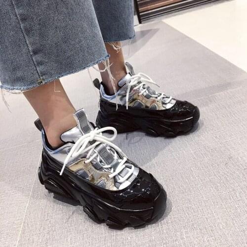 Rimocy Silver Patent Leather Chunky Sneakers Women 2020 Spring Punk Style High Platform Sneakers Woman Lace Up Casual Shoes Flat