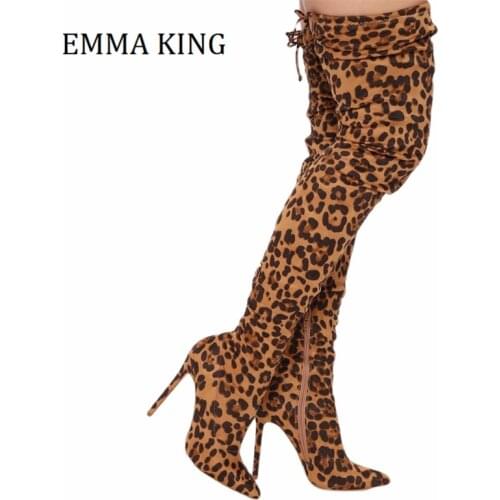 2020 Winter Women Over The Knee Boots Sexy Leopard Leather Faux Suede Stiletto High Heel Booties Top Adjustable Botas De Mujer