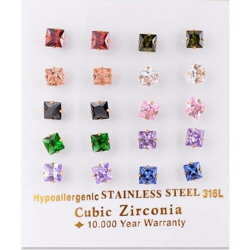10 pairs 316L stainless steel Gold multi colors women stud earring square 5mm cubic zircon earrings jewelry Dropship