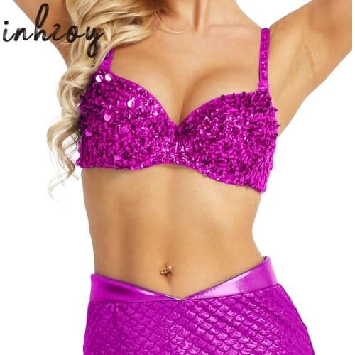 Women Shiny Sequins Beading Padded Bra Festival Rave Club Party Sexy Dance Tops Stage Performance Belly Dance Costume