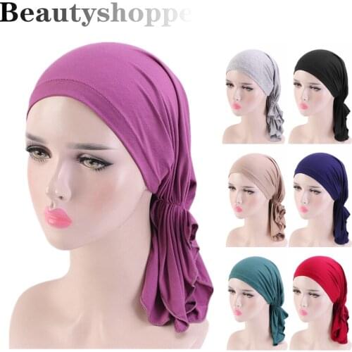 NEW Fashion Women Pure Color Muslim Ruffle Cancer Chemo Hat Beanie Scarf Turban Head Wrap Cap Printed Headwear Lady Hats New