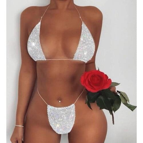 Women Micro Bikini Beach Wear Two Piece Set Swimming Suit for Women Push Up String Swimwear Sexy Hot Rhinestone Diamond 2021