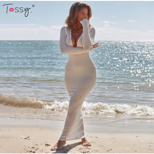 Tossy See-THrough Party Dress For Women Long Sleeve Sexy Deep V-Neck Summer New Fashion Slim Vacation Beach Dress 2021 Vestidos