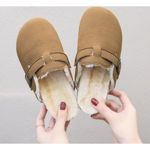 2021 New Winter Short Plush Cork Slippers Casual Women Buckle Suede Leather Outside Slide Slip On Shoe Baotou Cotton Slippers
