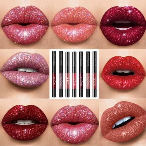 7Coclor 2in1 Glitter Lipgloss Makeup Double-headed Lipliner Waterproof Lasting Shining Diamond Lipgloss Liquid Cosmetics TSLM2