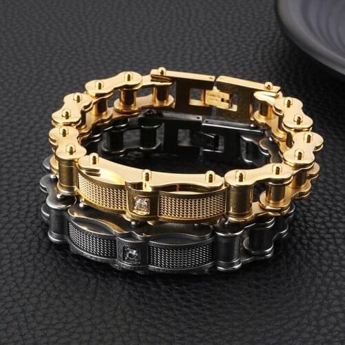 82g weight 15mm 8.66'' Gold/ black stainless steel motorcycle LInk Chain bracelet mens Zircon Bangle cuff Cool Jewelry Gifts