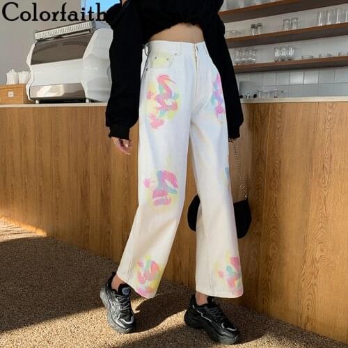 Colorfaith New 2021 Spring Autumn Women Wide Leg Pants Jeans High Waist Plus Size Wild Denim Print Ankle-Length Trousers J8612