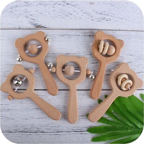 Wooden Rattle Beech Bear Hand Teething Wooden Ring Baby Rattles Play Gym Montessori Stroller Toy Educational Toys