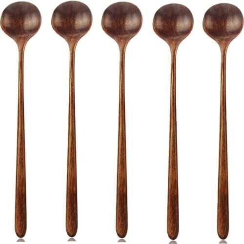 Long Spoons Wooden, 5 Pieces Korean Style 10.9 inches 100% Natural Wood Long Handle Round Spoons for Soup Cooking Mixing Stirr