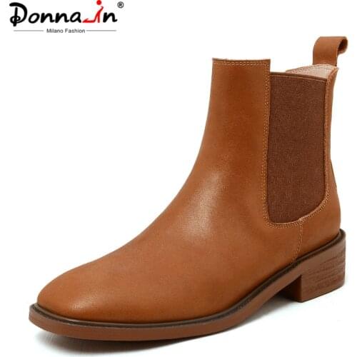 Donna-in High Quality Nubuck Square Toe Slip on Chelsea Boots Women Luxury Genuine Leather Med Heels Caramel Elegant Lady Shoes