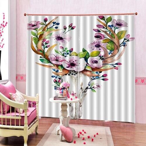 Photo Custom Bright Deer Skull Curtain Flowers Deers Head with Vintage Floral For Childrens room bedroom Drapes Decor Sets