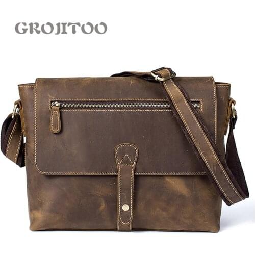 GROJITOO Crazy horse skin mens chest bag mens single shoulder bag high capacity mobile phone bag vintage lether shoulder bag