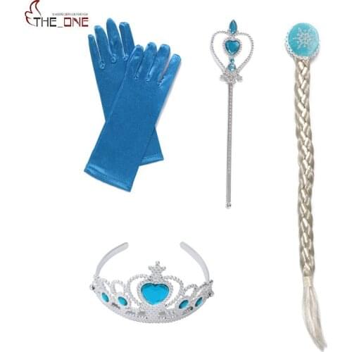 MUABABY Girls Elsa Accessories Set Kids Anna Party Dress Up 4 Piece Set Snow Flake Magic Wand Tiara Gloves Wig