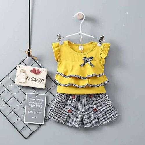 Girls summer clothing sets children fashion cotton bow sleeveless t-shirts+plaid short pants 2pcs birthday vlothes for 1-4Y girl