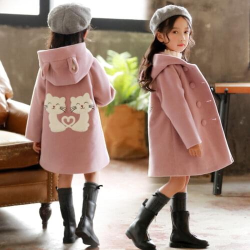 Girls Coats Childrens Clothing Cartoon Thick Warm Long Hooded Woolen Coat Jackets 4-14 Y Girls Clothes Autumn Winter Outerwear