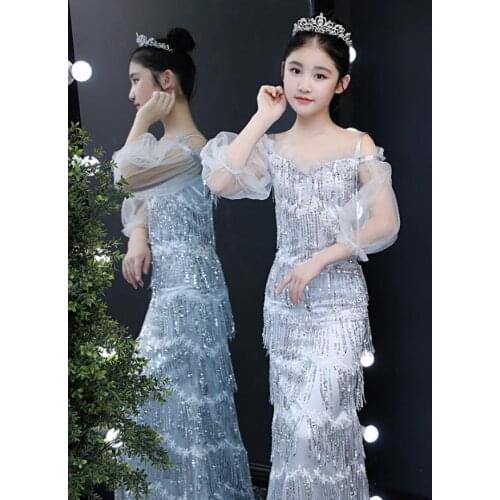 Girls Princess Dress Baby Girl Clothes Shoulderless Sequined Tassel Design Gown Birthday Party Dress Modis Kids Vestidos Y1774