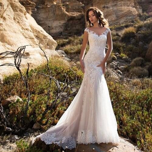 Sheer Scoop Neckline Champagne Lace Sheath Wedding Dress Lace Illusion Bridal Dress Outdoor Sexy Slim Bridal Gown