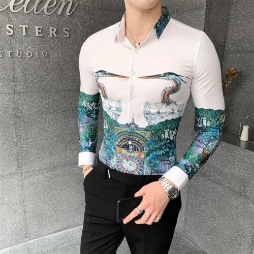 Fashion 2020 Autumn Digital Print Shirt Men Clothing Korean Slim Fit Mens Casual Shirts Long Sleeve All Match Club Tuxedo Dress