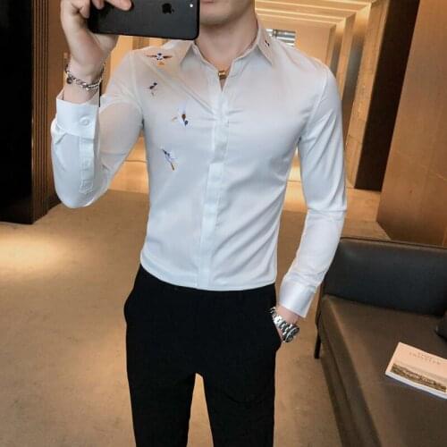 Fall new long sleeve casual mens shirt simple embroidery throughout the game lean fit nightclub graduation mens shirt 3XL