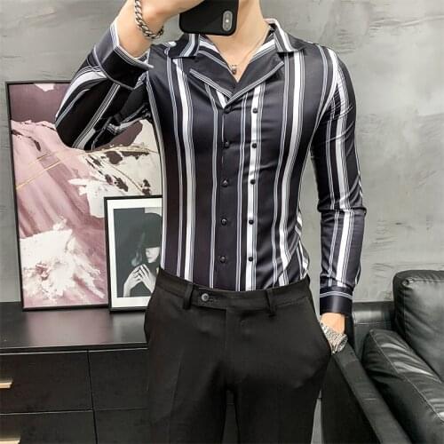 Striped Shirts Men Double Breasted Long Sleeve Slim Fit Casual Shirt Male Formal Business Social Dress Blouse Camisa Masculina