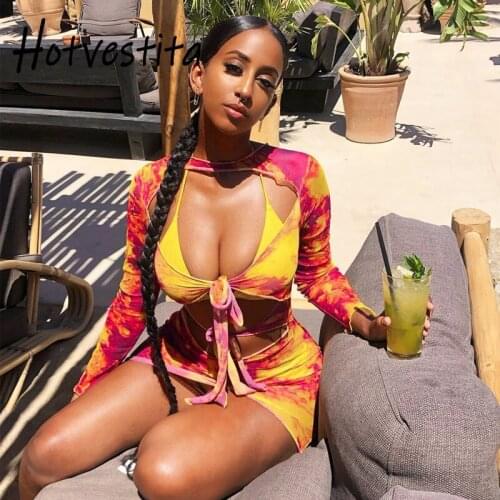 Hotvestita Sexy See Through Mesh Print Mini Dress Bodycon Long Sleeve Hollow Out Bandage 2021 Woman Spring Party Club Red Dress