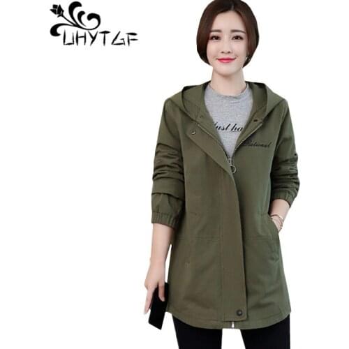 UHYTGF Loose Plus size coats women Fashion hooded spring autumn trench coat for women Mid-length Solid color wild Lady coat 1425