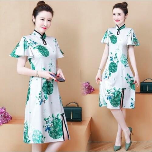 Loose M-4XL Plus Size Folk-custom Short Sleeve A-line Women Midi Dress Summer Chinese Style Cheongsam Dresses for Woman Qipao