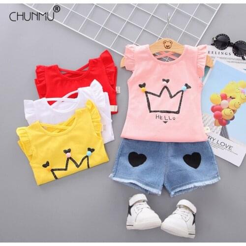Toddler Kid Girls Fly Sleeve Tops Heart Print Jeans 2pcs Clothes Set Casual Outfit Suit Set Summer Infant Clothing